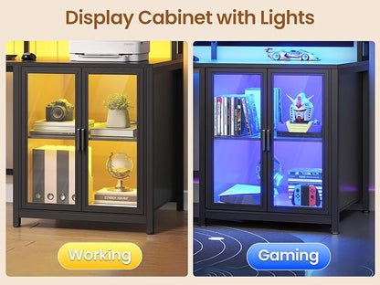 SEDETA L Shaped Gaming Desk with 4 Drawers, 109” Computer Desk with Display Cabinet, Home Office Desks with 2 Monitor Stands, CPU Stand, LED Lights and Power Outlet, Black