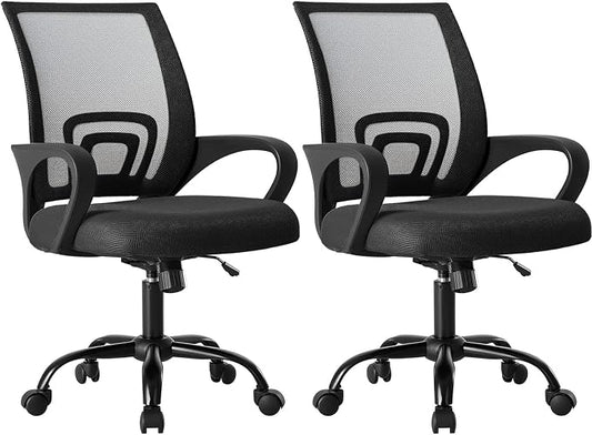 OLIXIS Office Desk Chair - Ergonomic Mid Back with Lumbar Support & Rocking Mode, Height Adjustable with Fixed Armrest, for Home, Computer, Gaming, Conference, Meeting, 360° Swivel, Black, 2 Pack