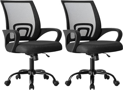 OLIXIS Office Desk Chair - Ergonomic Mid Back with Lumbar Support & Rocking Mode, Height Adjustable with Fixed Armrest, for Home, Computer, Gaming, Conference, Meeting, 360° Swivel, Black, 2 Pack