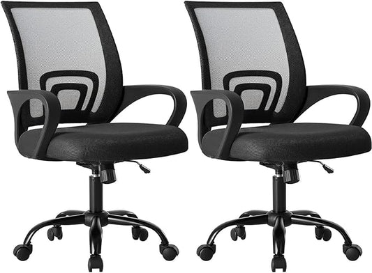 OLIXIS Office Desk Chair - Ergonomic Mid Back with Lumbar Support & Rocking Mode, Height Adjustable with Fixed Armrest, for Home, Computer, Gaming, Conference, Meeting, 360° Swivel, Black, 2 Pack