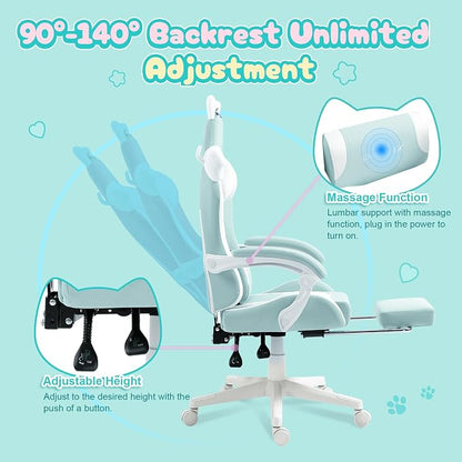 Dowinx Gaming Chair with Cat Ears and Massage Lumbar Support, Ergonomic Computer Chair with Footrest and Headrest, Comfortable Reclining Game Chair 290lbs for Adults, Blue