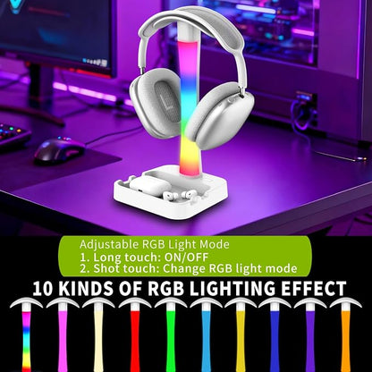 Headphone Stand with Charger,Gaming Headset stand with RGB Light Mode,For Airpod Max Stand,Desk Lamp,Phone Holder,Tablet Holder,desktop organizer,Gifts for Gamers & Music Lover (White)
