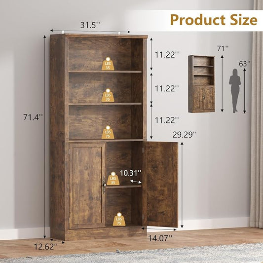Thacuok 72'' Tall Bookcase with Doors, Adjustable Shelves, P2 MDF Construction, 32'' Wide Freestanding Cabinet with Metal Handles, Hidden Storage for Living Room, Bedroom