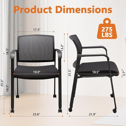 CLATINA Mesh Back Guest Reception Arm Chairs with Wheels, Waiting Room Chairs with Upholstered Fabric Seat and Ergonomic Lumbar Support for Office Conference School Church Black (4 Pack)