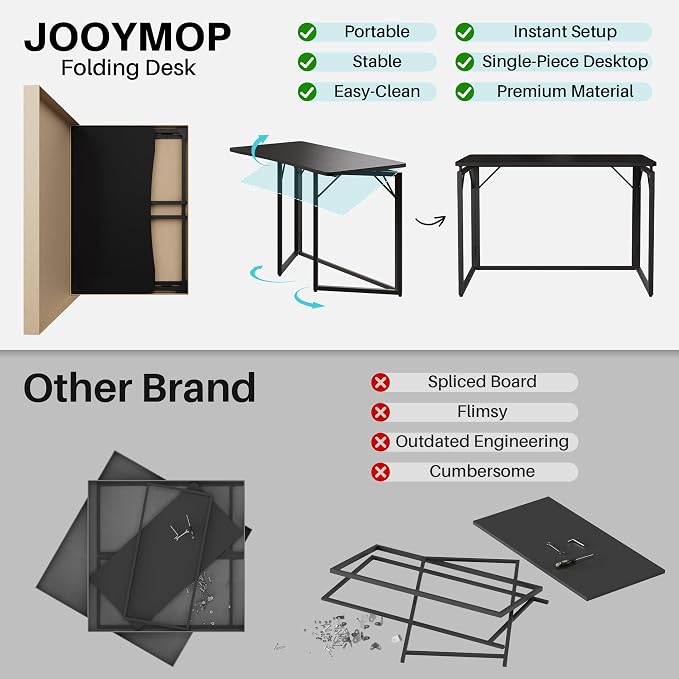 JOYMOOP Black 31.5" Folding Desk, No Assembly Small Foldable Desk for Home, Office, Wooden Top Folding Computer Desk for Working, Writing, Studying