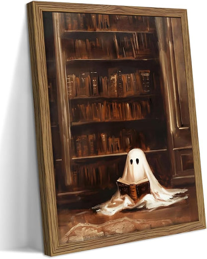 Framed Vintage Library Ghost Wall Art - Ghost Reading Canvas Print Halloween Decor, Gothic Victorian Dark Academia Halloween Wall Decor for Bedroom Office 12x16 inch Wood Frame