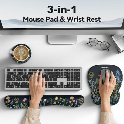 TECKNET Gel Mouse Pad with Wrist Rest, 3 in 1 Keyboard Wrist Rest for Pain Relief, Non-Slip PU Base & Easy Typing, Ergonomic Mousepad Set for Office & Home