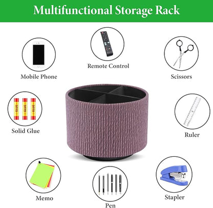 Round Leather Art Supply Organizer,Remote Control Holder,360 Degree Spinning,Multi-Functional Pencil Holder,4 Compartments Desktop Stationary Organizer(1-Wood Soil)