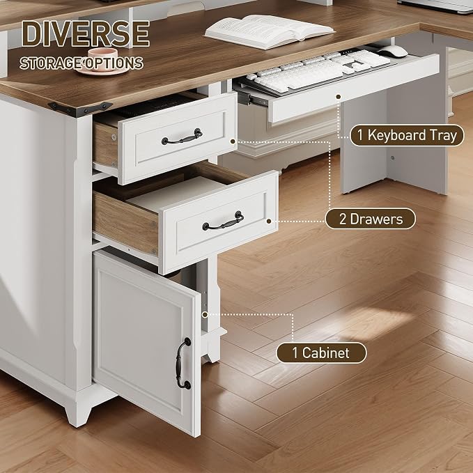 RALGEND 2 Pack Farmhouse 69" Executive L Shaped Desk with Drawer, Home Office Desk with Charging Station, Corner Computer Desk with Monitor Stand,Drawer, Storage Cabinet, White and Walnut