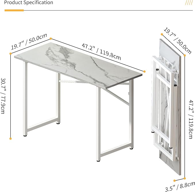 Lutown-Teen 47 inch Folding Desk No Assembly Required, Writing Gaming Computer Camping Table, Home Office Desk, White Marble