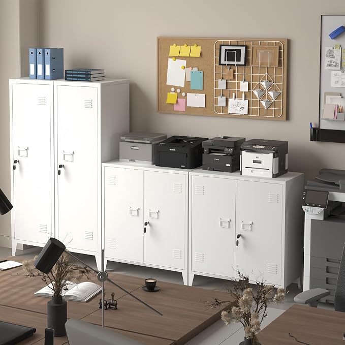 Metal Storage Cabinet 35.4”H Lockable Storage Cabinet (White) | With 2 Adjustable Shelves and Doors, White Small Storage Cabinet for Home Warehouse Office Garage