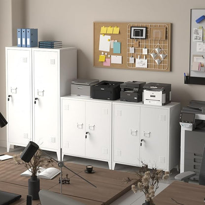 Metal Storage Cabinet 35.4”H Lockable Storage Cabinet (White) | With 2 Adjustable Shelves and Doors, White Small Storage Cabinet for Home Warehouse Office Garage