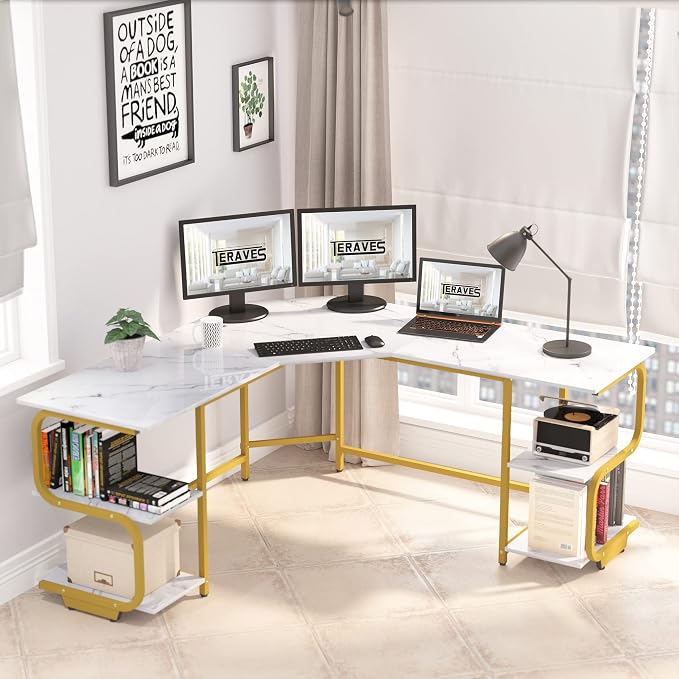 Teraves Modern L Shaped Desk with Shelves,64.84" Computer Desk/Gaming Desk for Home Office,Corner Desk with Large Desktop (White Marbling+ Gold Frame, Large+4 Tier Shelves)