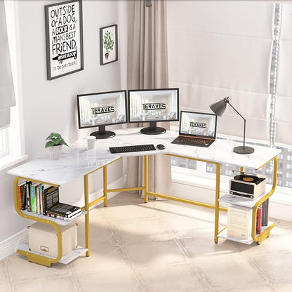 Teraves Modern L Shaped Desk with Shelves,64.84" Computer Desk/Gaming Desk for Home Office,Corner Desk with Large Desktop (White Marbling+ Gold Frame, Large+4 Tier Shelves)