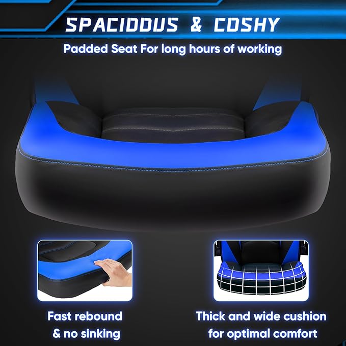 NEWBULIG Gaming Office Computer Chair – Ergonomic Mid-Back with Flip-Up Armrests, Adjustable Height, Lumbar Support & 360° Silent Swivel Wheels, PU Leather for Home/Office, Blue