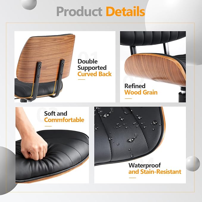 VINGLI Wide Curved Seat&Back Armless Home Office Chair,Ergoromic Adjustable-Height Desk Chair,Swivel&Tilting Function,Stylish Walnut Task Chair for Meeing Room,Dining Room,PU, Black