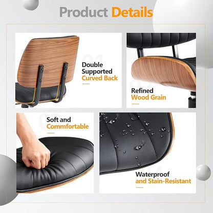 VINGLI Wide Curved Seat&Back Armless Home Office Chair,Ergoromic Adjustable-Height Desk Chair,Swivel&Tilting Function,Stylish Walnut Task Chair for Meeing Room,Dining Room,PU, Black