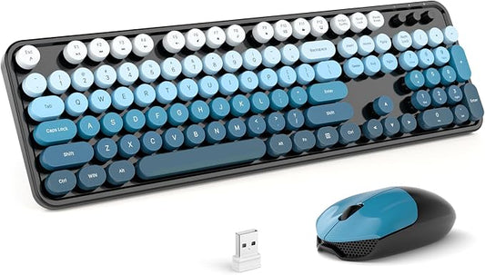 MOFII Wireless Keyboard and Mouse Combo, Retro Full Size Typewriter Keyboard with Number Pad and Sport Car Mouse for PC Computer Desktop Laptop Windows (Black Blue)
