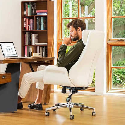 Glitzhome Modern Executive Home High-Back Office Chair - Leather Adjustable Swivel Desk Chair with Armrest(Cream)