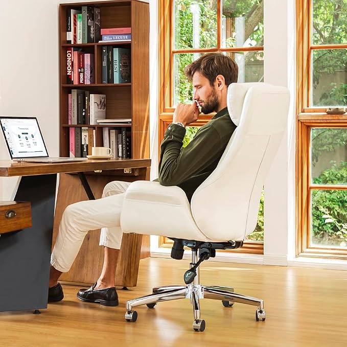 Glitzhome Home High-Back Office Chair Leather Adjustable Swivel Desk Chair with Arms, Cream