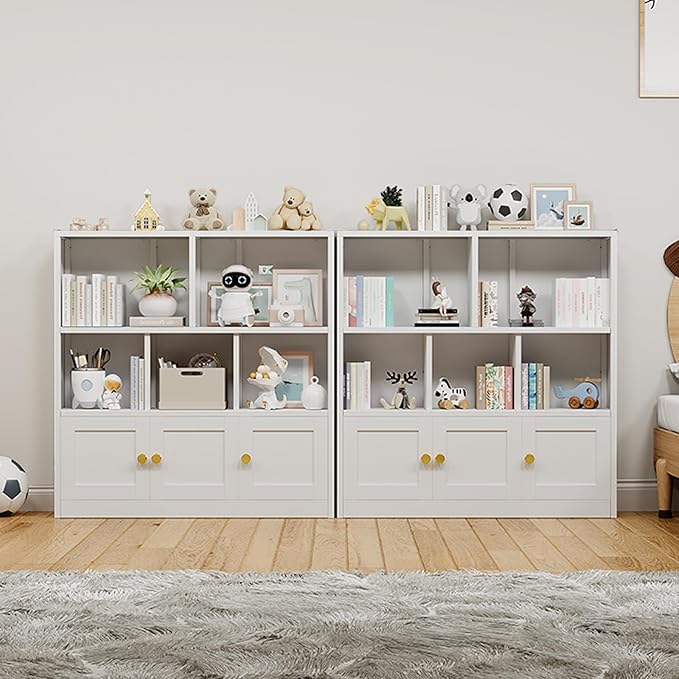erosoei Kids Bookshelf and Toy Storage Organizer with 3 Cabinet and 5 Open Cubbies，Kids Toys Storage Organizer Shelf with Corner Guard，Multifunctional Floor Chest for Playroom and Kid's Room（White）
