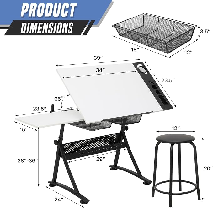 Drafting Table with Height Adjustable Wood Top, Drawing Table with Storage Drawers, Extendable Design, Art Desk Ideal for Drawing, Painting, Writing, Home Office, White