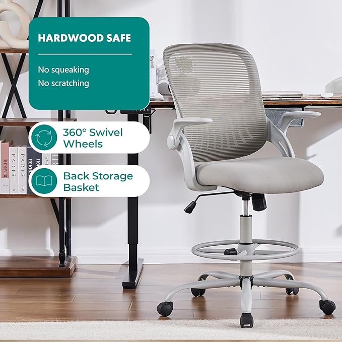 DUMOS Drafting Chair for Standing Desk, Flip-up Arms, Counter Height Adjustable, Ergonomic Mid Back Mesh Rolling Work 360°Swivel Home Office Computer Chairs with Wheels, Grey