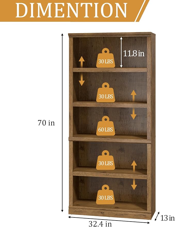 blini Wooden Bookshelf and Bookcase 5-Shelf Double Wide Large Bookshelves Vintage Oak Bookcase Tall Bookshelf for Living Room, Home Office, Library (Vintage Oak, 5-Shelf)
