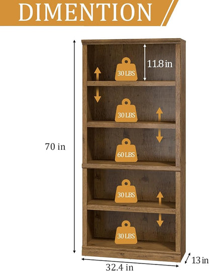 blini Wooden Bookshelf and Bookcase 5-Shelf Double Wide Large Bookshelves Vintage Oak Bookcase Tall Bookshelf for Living Room, Home Office, Library (Vintage Oak, 5-Shelf)