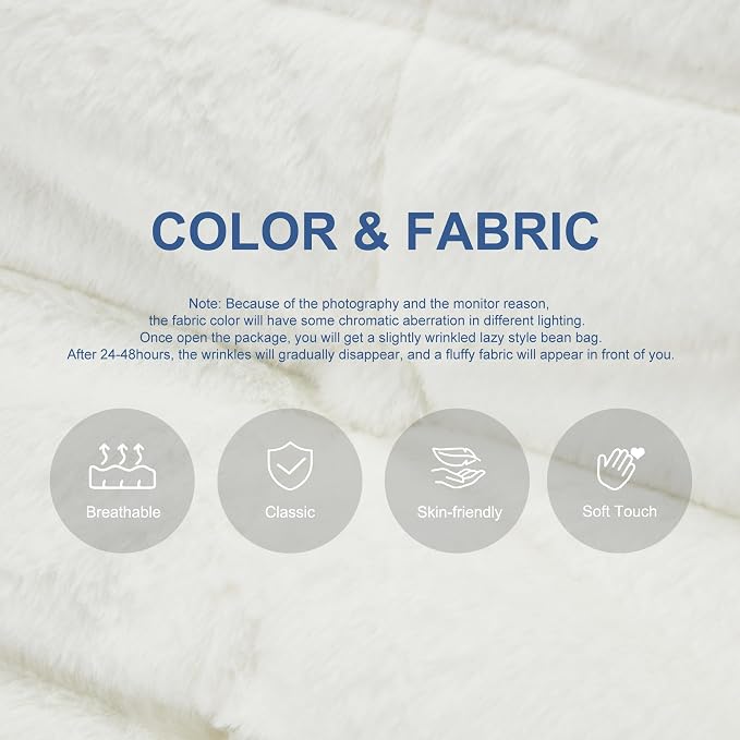 Hobestluk Adults Bean Bag Chair Faux Fur BeanBag Couch for Living Room | White Plush,Ergonomic Design,Memory Foam,UltraSoft,Anti-slip Bottom,No Assembly Required,Decorative Style for Living Room
