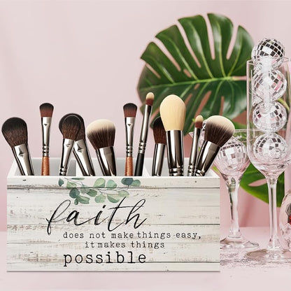 Sage Green Eucalyptus Christian Wooden Pen Pencil Holder for Office Desk Accessories, Faith Based Gifts, Inspirational Bible Verses Makeup Brush Toothbrush Holder Organizer for Bathroom