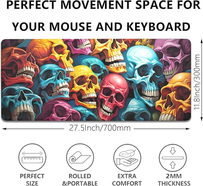 Scary Skeleton Mouse Pad Desk Pad,Colourful Skull Extended Gaming Mouse Mat with Stitched Edges Non-Slip Waterproof Rubber Base Mous Mat for Office Home Game Desk Pad(27.5X11.8 in)