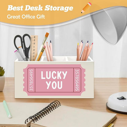 Pink Inspirational Pen Holder Organizer for Desk Accessories, Inspirational Gifts for Women, Retro Trendy Lucky You Motivational Wooden Box Sign Desk Decorations for Girls Office Room Decor