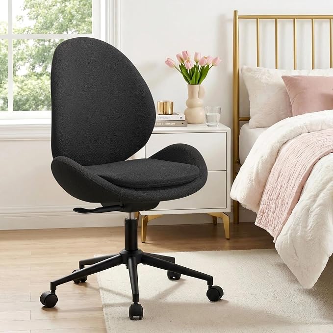 Furniliving Velvet Vanity Chair with Wheels, Adjustable Height Swivel Desk Chair& Lumbar Support, Armless Upholstered Makeup Chair for Bedroom Home Office Study Room (Black)