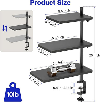 3 Tiers Clamp On Desk Shelf, 360° Angle Adjustable Desktop Shelf Organizer for Home Office Gaming Room, No Drill Desk Extender Adapt to 0.4-2.16 inches Table Thick, Black Brown
