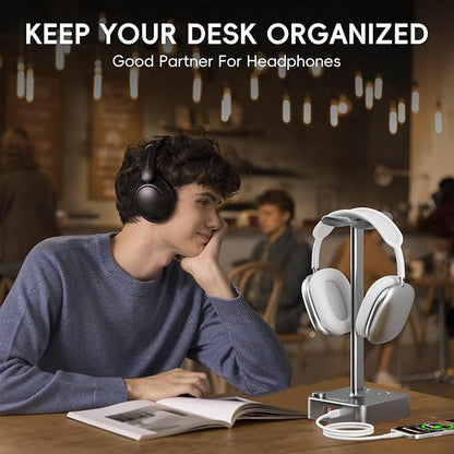 Headphone Stand with PD Fast Charger & QC3.0,Gaming Headset Holder with 3 USB Ports 2 AC Outlets for Desk,Cool Gamer Gifts for Men,Boyfriend,Teen Boys,Friends – Perfect Gaming Accessories & Room Setup