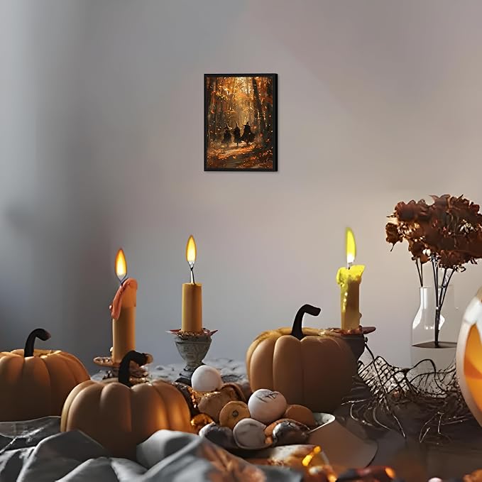 Framed Halloween Witch Wall Art - Autumn Forest Witch Canvas Print, Vintage Gothic Dark Academia Halloween Wall Decor, Spooky Fall Artwork for Bedroom Living Room Home 8x10in Wood Frame