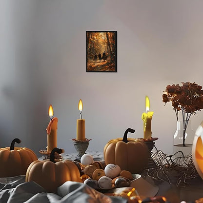 Framed Halloween Witch Wall Art - Autumn Forest Witch Canvas Print, Vintage Gothic Dark Academia Halloween Wall Decor, Spooky Fall Artwork for Bedroom Living Room Home 8x10in Wood Frame