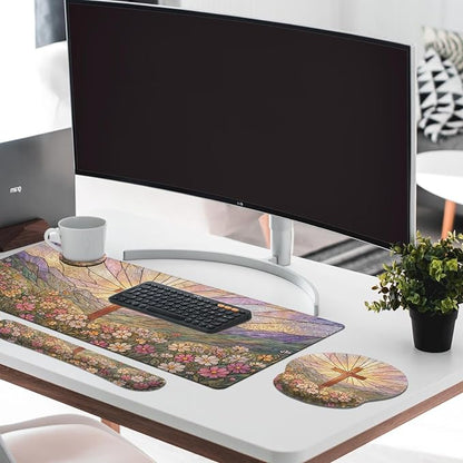 Britimes Cross Religious Wildflower Keyboard Mouse Pad Set Colorful Floral 4in1 Large Mousepad+Keyboard Wrist Rest+Mouse Wrist Rest+Coaster Ergonomic Design for Home Office Computer 35.4x15.7 inches