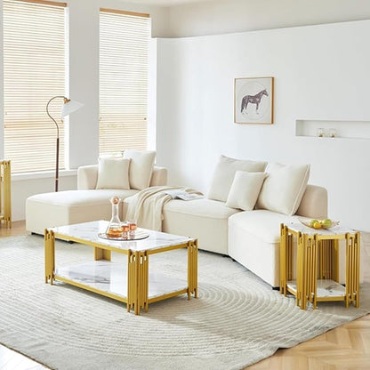 White Marble Coffee Table Set of 3, Faux Marble Coffee Table and 2 White Gold End Tables with Chrome Metal I-Base, Luxury Marble 3 Piece Living Room Table Set for Home Office Bedroom