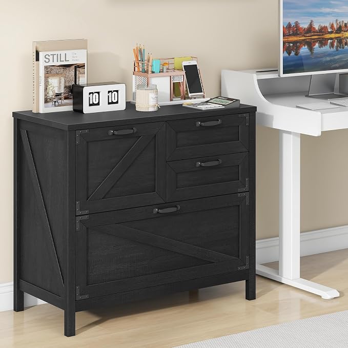 Halitaa Lateral File Cabinet with 4 Drawers, Farmhouse File Cabinet for Letter/Legal/A4 Size Hanging Files, Large Wood File Storage Cabinets Printer Stand for Home Office Cabinets, Black