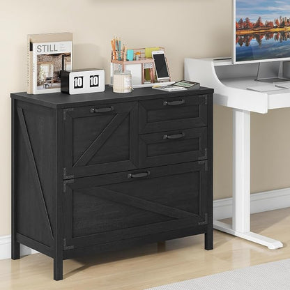Halitaa Lateral File Cabinet with 4 Drawers, Farmhouse File Cabinet for Letter/Legal/A4 Size Hanging Files, Large Wood File Storage Cabinets Printer Stand for Home Office Cabinets, Black