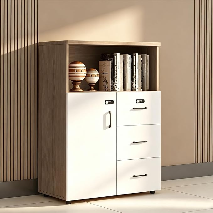 File Cabinet with Password Lock, Wood Lateral Filing Cabinet for Letter/A4 Files, 3 Drawer with Door, Printer Stand with Open Shelves for Home Office