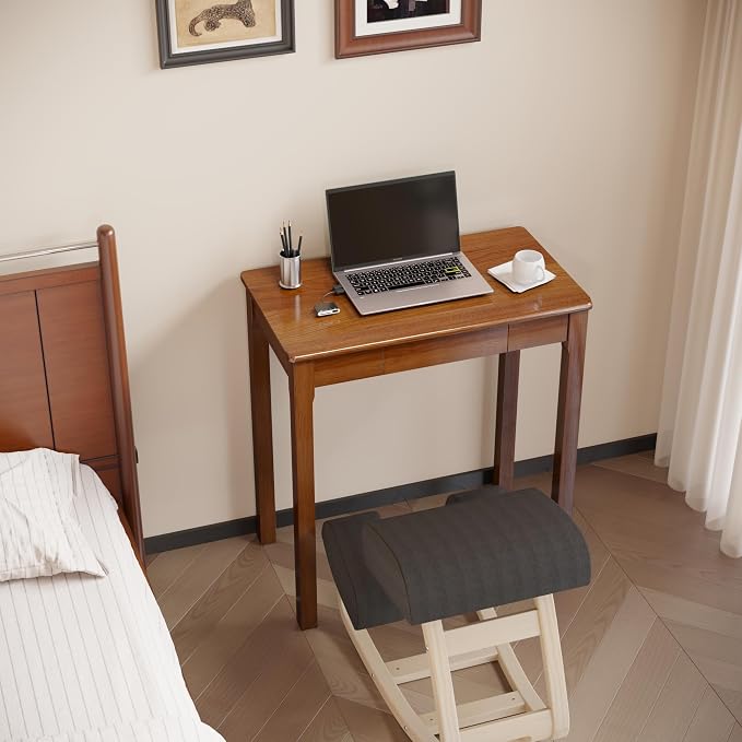 Solid Wood Desk with Drawers - 28 x 16 Inch Simple Narrow Desks, Rubber Wood Study Table, Small Writing Desk for Small Spaces|Bedroom - Natural Boho Desks
