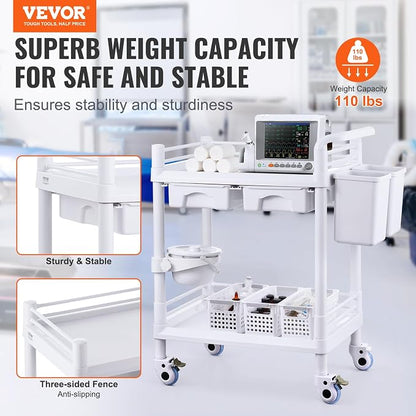 VEVOR Medical Mobile Trolley Cart with 2 Drawers & 3 Trash Cans, 2 Tiers Beauty Salon Rolling Trolley with 4 Silent Wheels & 2 Dirts Bucket & Bowl, Medical Utility Cart for Hospital Dental Clinic Lab