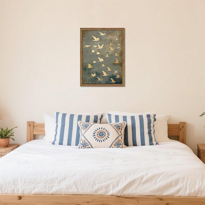 Framed Flock of Birds Canvas Wall Art, Vintage Minimalist Abstract Landscape Painting, Neutral Gold Birds Spiritual Wall Decor, Modern Aesthetic Pictures for Bedroom Living Room 8x10 inch