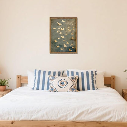 Framed Flock of Birds Canvas Wall Art, Vintage Minimalist Abstract Landscape Painting, Neutral Gold Birds Spiritual Wall Decor, Modern Aesthetic Pictures for Bedroom Living Room 8x10 inch
