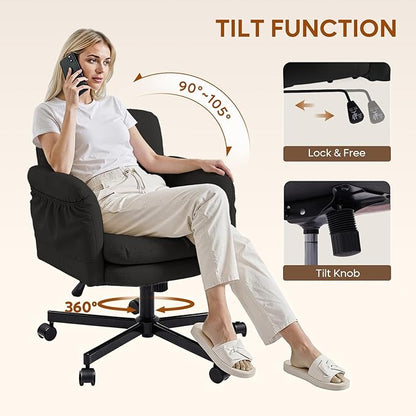 Bestier Criss Cross Office Chair with Flip-Up Armrests, Swivel Makeup Vanity Chair with Wheels & Side Pockets, Cross Legged Office Chair for Home Office, Bedroom, Black PU Leather