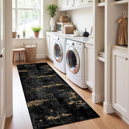 RELEANY Washable Area Rugs 2'x6' Non-Slip Modern Abstract Soft for Living Room Entryway Bedroom Kitchen, Print Pattern, Dark Black Gold