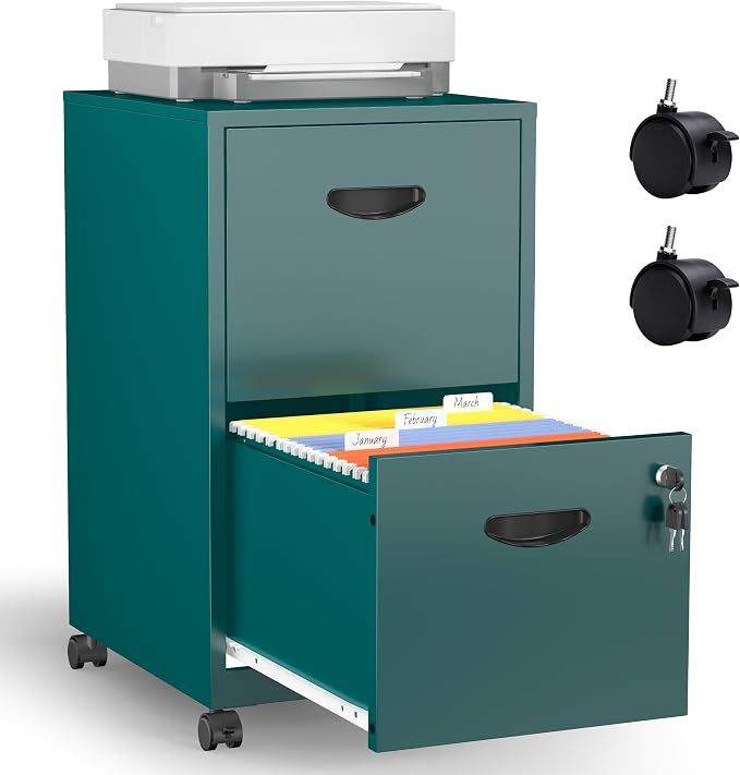 2 Drawer Mobile File Cabinet with Lock, Green Metal Filing Cabinets with Wheels, Vertical Rolling File Cabinet Fit Hanging Files, Letter and A4 Documents